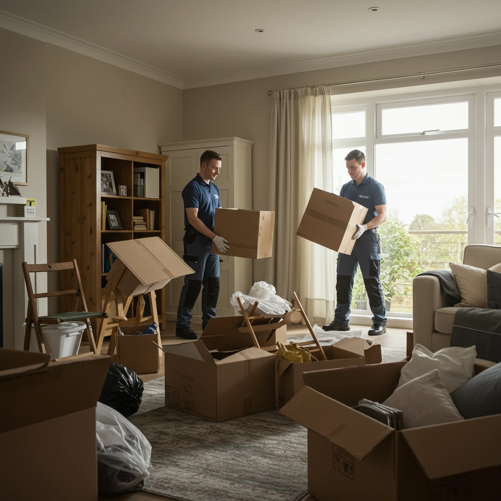 Professionnels en train de débarrasser un logement en portant des cartons.